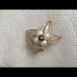 Filigree Floral Faux pearl Lions Int’l Logo Brooch